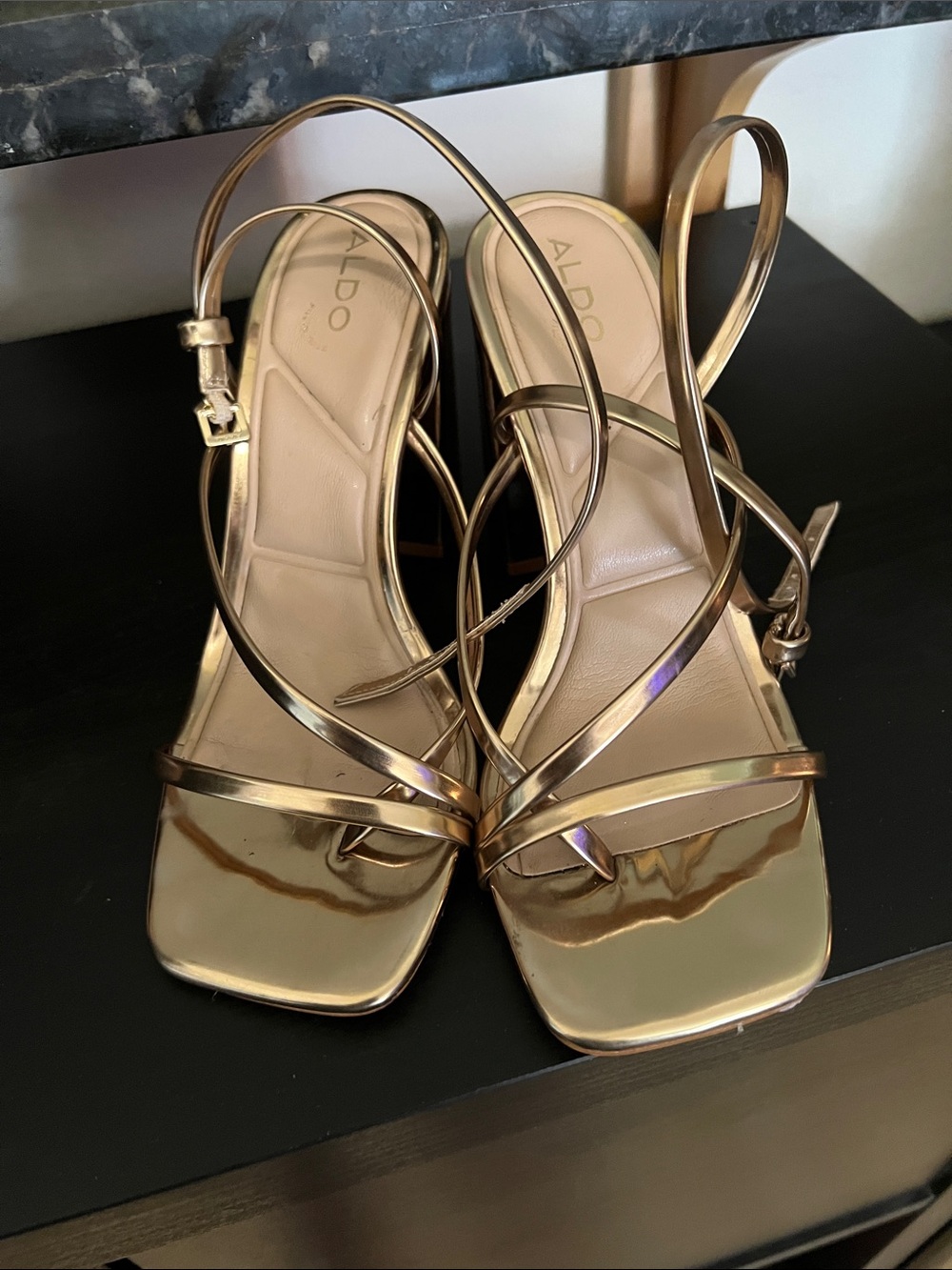 ALDO Gold Metallic Strappy Square-Toe Heeled Sandals